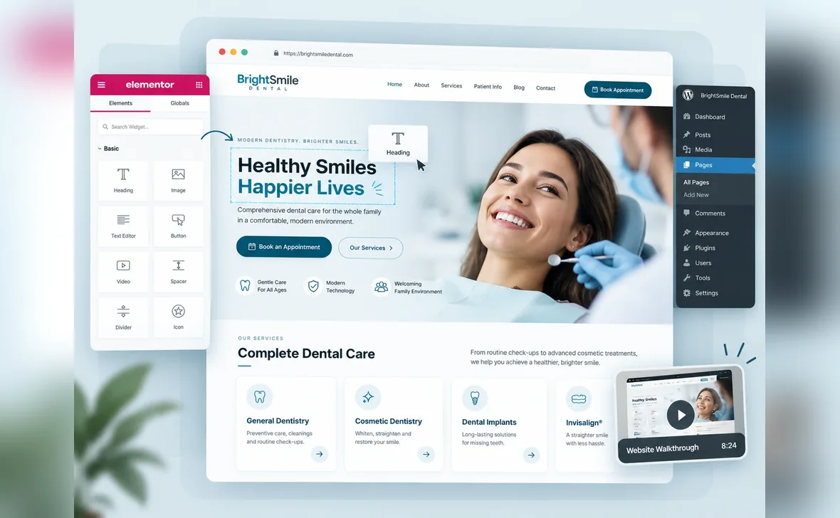 A finished site open in its page builder, with the recorded handover walkthrough beside it.