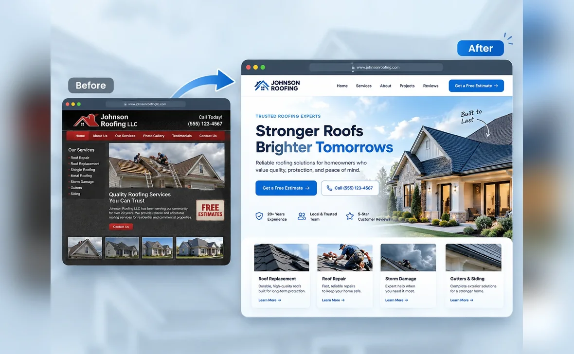 A roofing company's site before and after: a cramped dark page with a sidebar menu beside a rebuilt one with a clear headline, estimate button and service cards.
