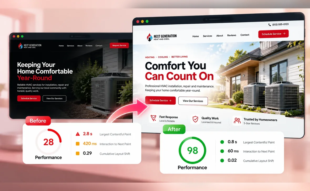 A contractor site before and after: Lighthouse performance 28 to 98, largest contentful paint 2.8s to 0.8s.