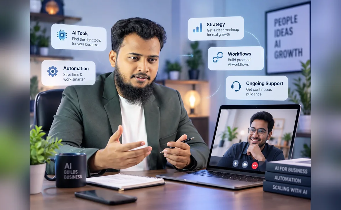 A one-to-one training call in progress, with the ground it covers listed alongside: picking tools, automation, strategy, workflows and follow-up support.