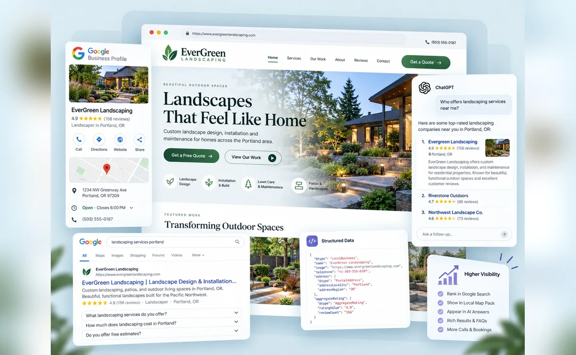 One business shown across a Google result, a Business Profile, its structured data, and an AI assistant recommending it.